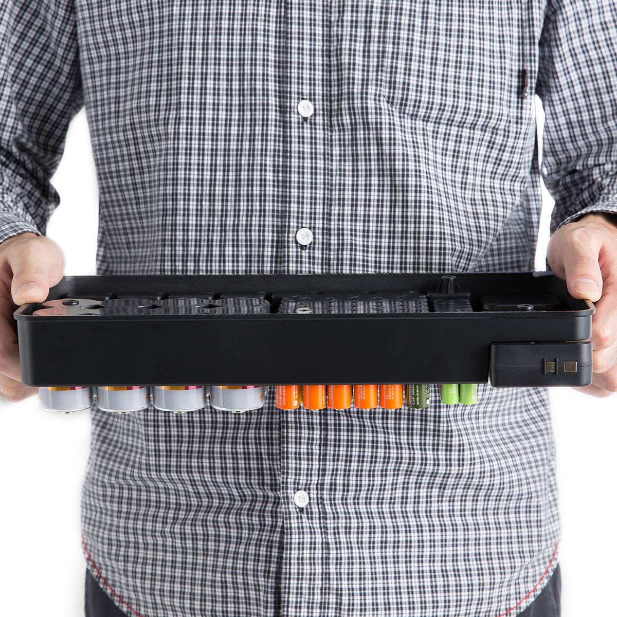 Battery Organizer Storage Case with No Lid Snap, Portable Battery Tester, Just The Right Size Slot with Wall-Mounted Design,Holds 110 Batteries Various Sizes for AAA, AA, 9V, C, D and Butt