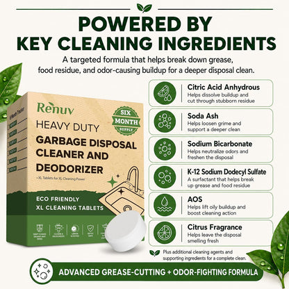 Renuv® Garbage Disposal Cleaner & Deodorizer Tablets, 12 XL Tablets | Foaming Citrus Scent, Drain Freshener, Kitchen Sink Odor Refresher For Garbage Disposer Cleaning