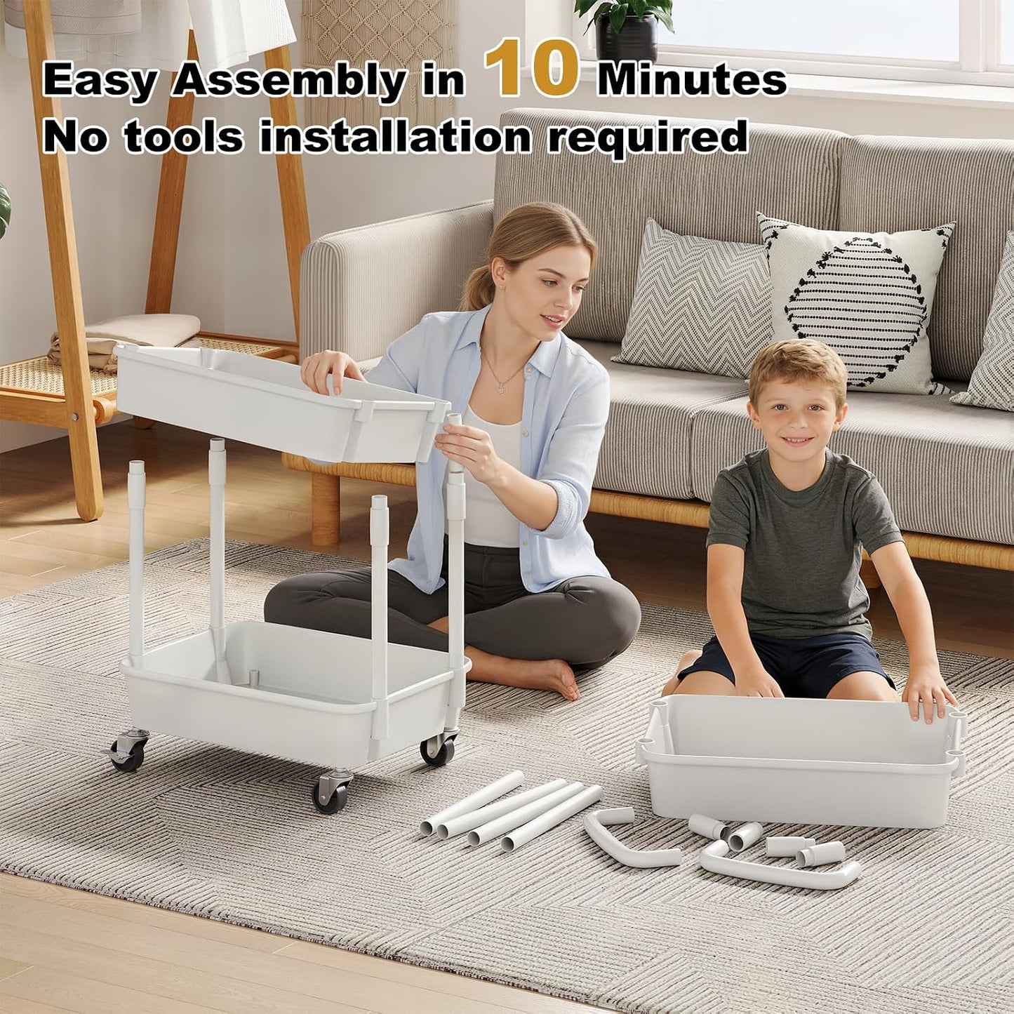3 Tier Rolling Cart with Wheels, White Plastic Three Tiered Roller Shelf Cart on Lockable Wheels, Small Utility Storage Organzier Carts for Craft, Art, Baby Diaper Caddy, Snack, Dorm, Kitchen,Bathroom