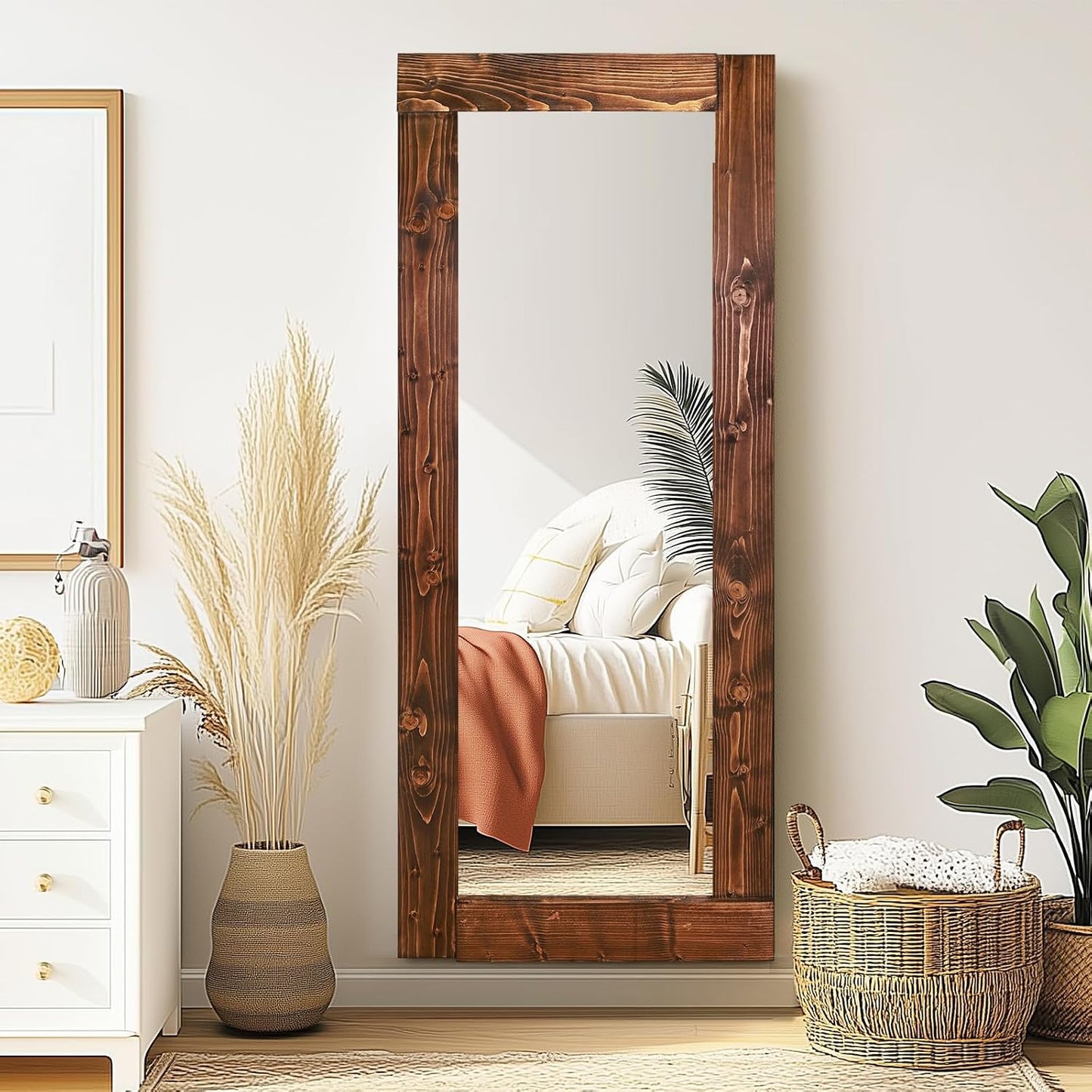 Solid Wood Full Length Mirror - 65"x22" Arched Floor Mirror, Free Standing & Wall Mounted - Elegant Design for Bedroom, Dressing Room, Hallway, Brown