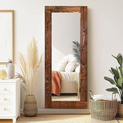 Solid Wood Full Length Mirror - 65"x22" Arched Floor Mirror, Free Standing & Wall Mounted - Elegant Design for Bedroom, Dressing Room, Hallway, Brown