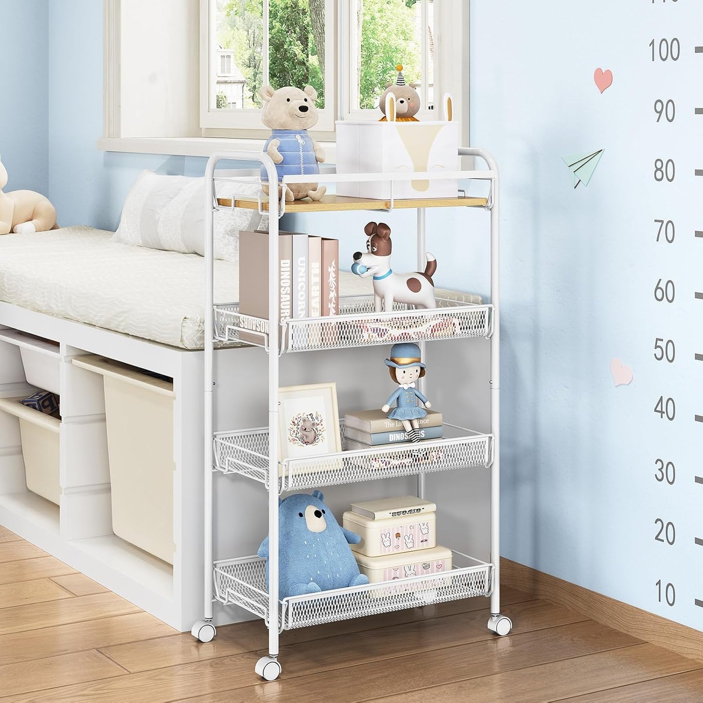 TOOLF 4-Tier Slim Rolling Cart, Metal Utility Cart, Slide Out Storage Cart with Wooden Tabletop and Mesh Baskets for Narrow Space on Kitchen Bathroom Laundry Room Bedroom Apartments Dormitory