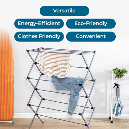 Honey-Can-Do Oversized Collapsible Clothes Drying Rack, 35", 50 lb, Grey | Oversized 35" x 45" steel rack holds 50 lb and folds flat for storage. Air-dry a full load indoors or outdoors.
