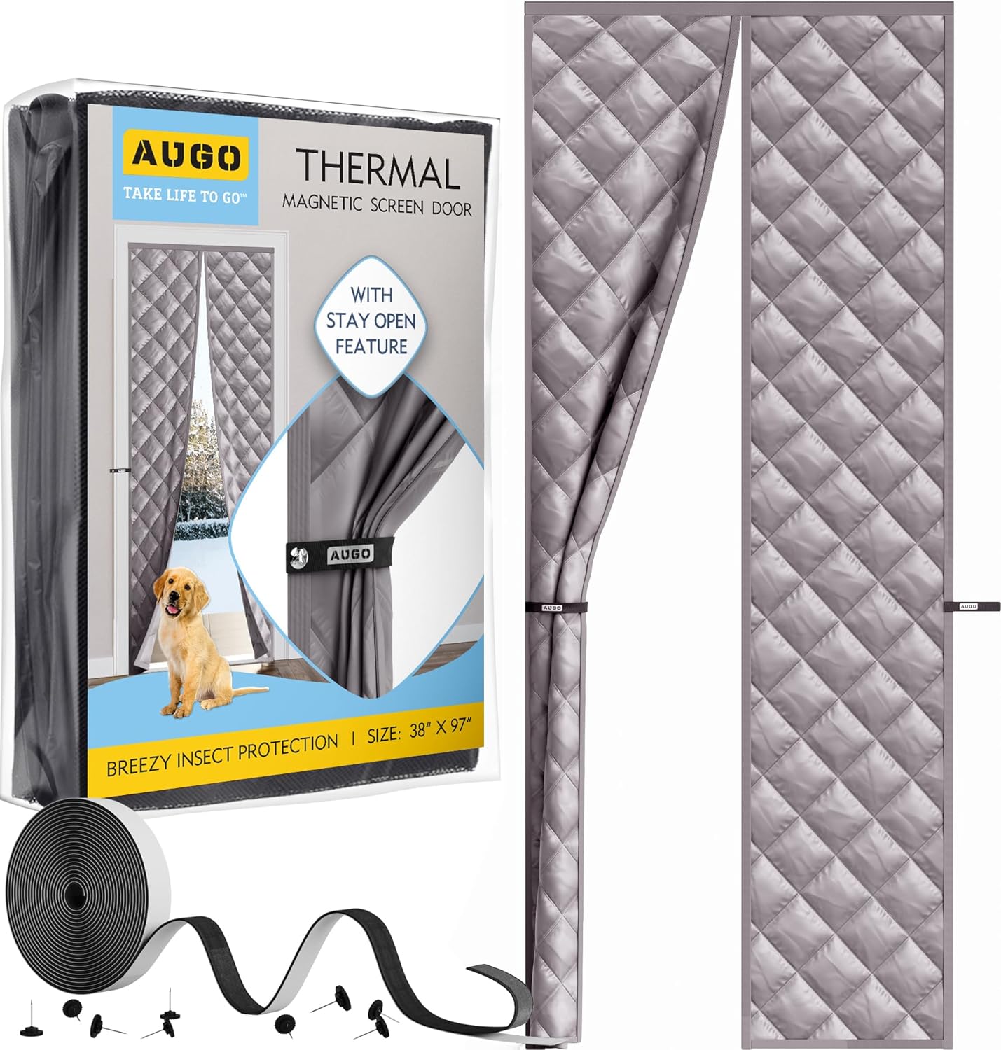 AUGO Heavy Duty Magnetic Screen Door – Fiberglass Pet Resistant Mesh, Self Sealing Hands Free Magnetic Closure, Tear Resistant Door Screen Keeps Bugs Out, Patent Pending Keep Open Feature – 38” x 83”