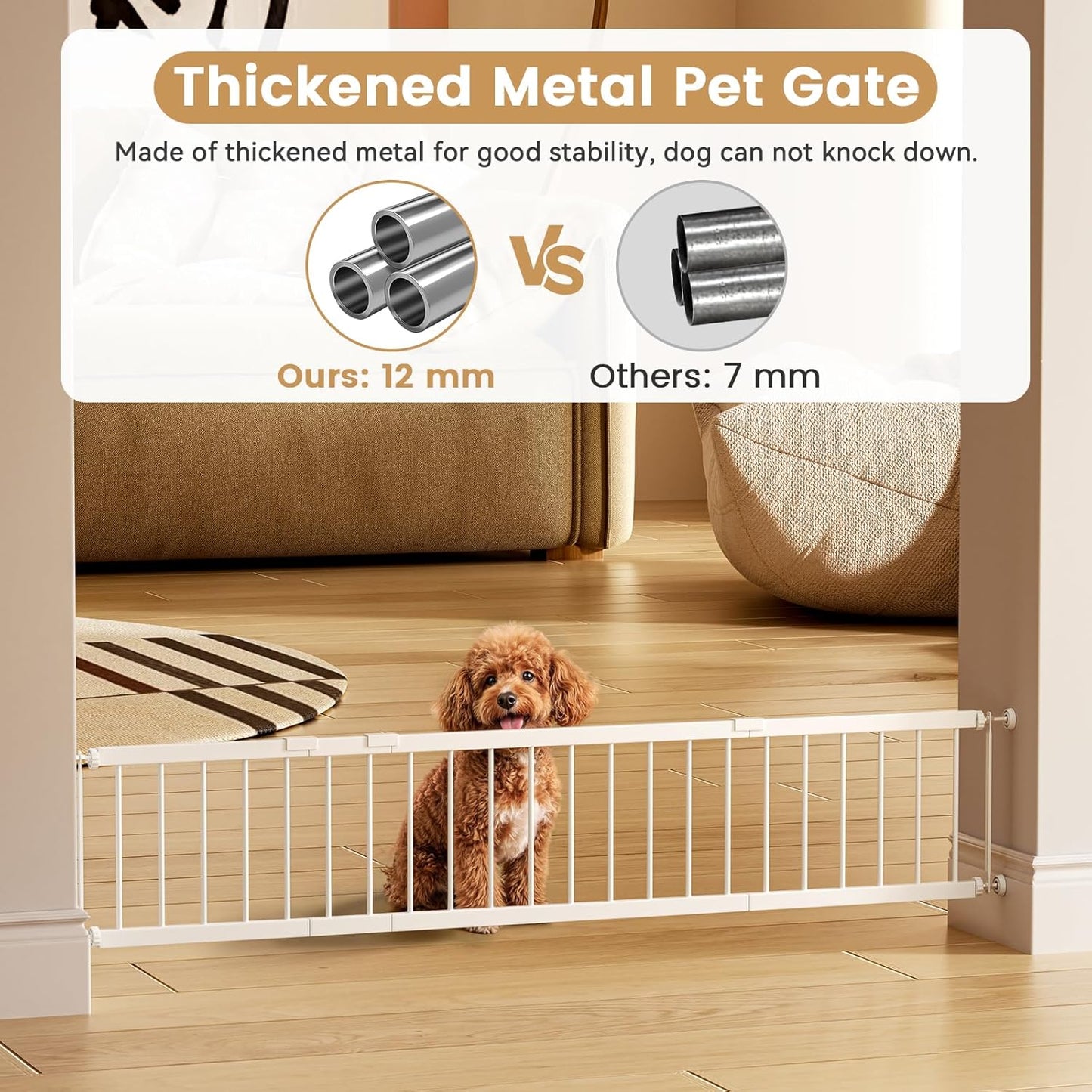 Fldofaves Dog Gate - 18"-45" Adjustable Extra Wide Metal Baby Gate to Step Over, 10" Tall Small Pet Gate with 3 Extension Kits, Pressure Mounted for Doorways & Stairs