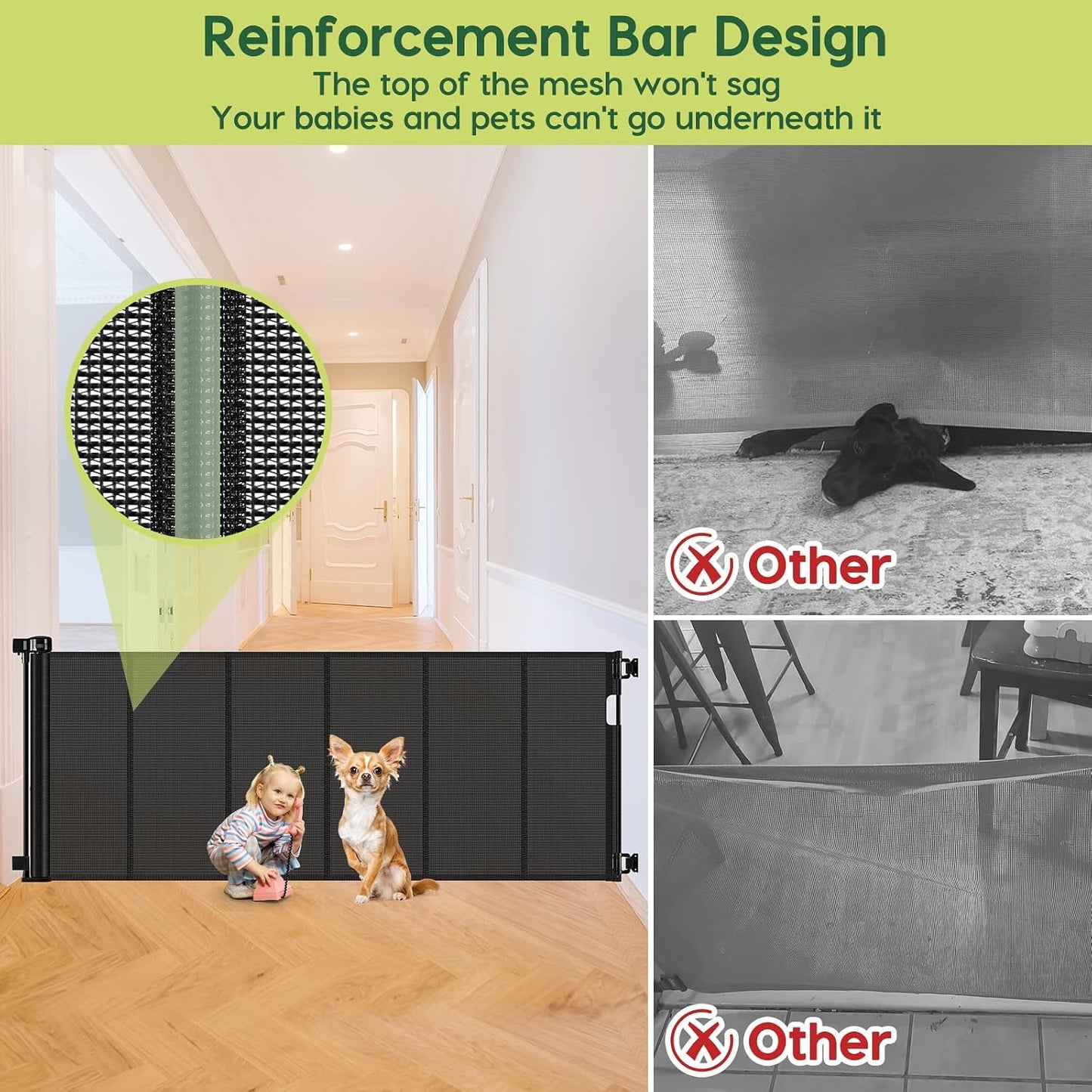 Reinforced 55" Wide Retractable Baby Gates with Reinforced Strips, Indoor/Outdoor Retractable Dog Gate for Doorway Prevent Bottom Drilling Through, No Bottom Bar Safety Mesh Baby Gate for Stair, Black
