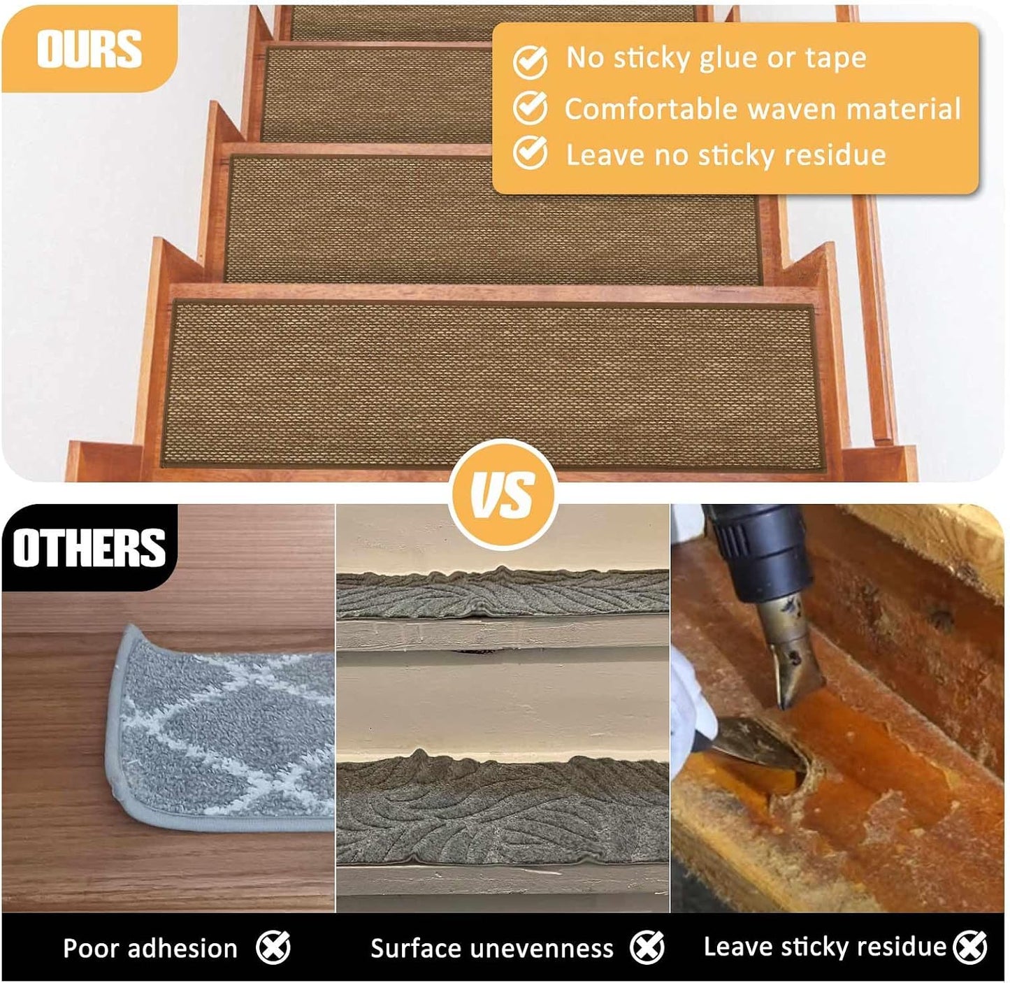 9" x36" Stair Treads Non Slip for Wooden Steps Indoor, 15 Pack, Beige | Reusable Peel and Stick Extra Wide Stair Treads Machine Washable