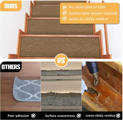 9" x36" Stair Treads Non Slip for Wooden Steps Indoor, 15 Pack, Beige | Reusable Peel and Stick Extra Wide Stair Treads Machine Washable