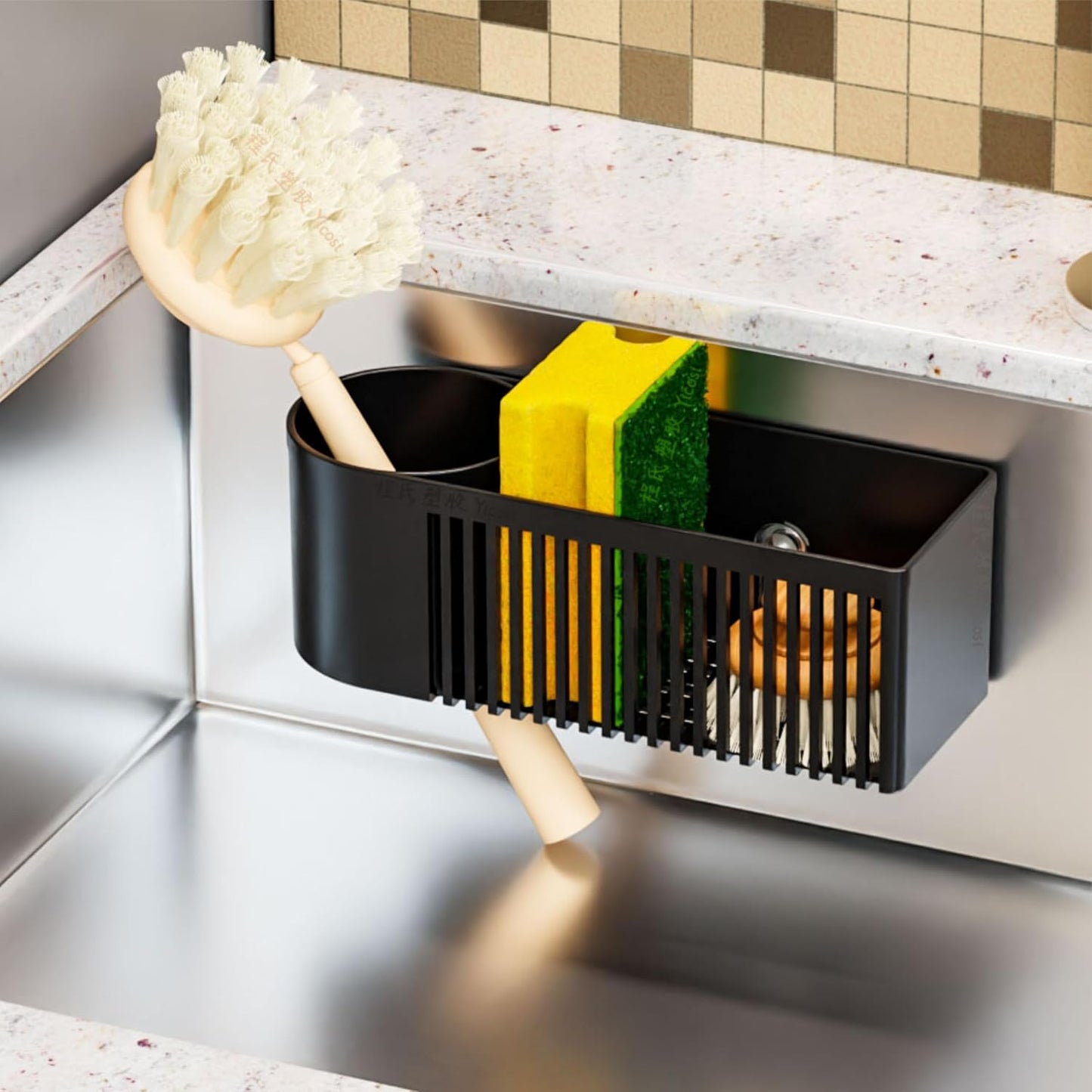Rustproof Kitchen Sink Organizer for Countertop,Multifunctional Sink Organizer Caddy & Organization,Scrub Brush and Sponge Holder,Plastic Sink Storage Rack,Sponge Drain Rack,Dish Soap Dispenser,Black