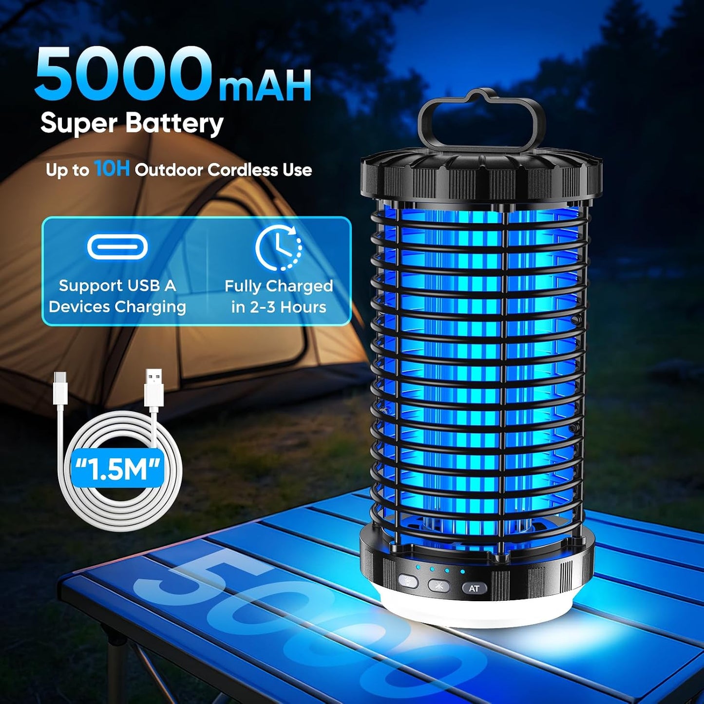 CreateFun Bug Zapper Outdoor, 2026 Upgraded 3 in 1 Rechargeable Bug Zapper with 5000mAh Battery & LED Night Light, 4000V Cordless Waterproof Mosquito Zapper for Outside,Patio,Backyard,Garden Black 0