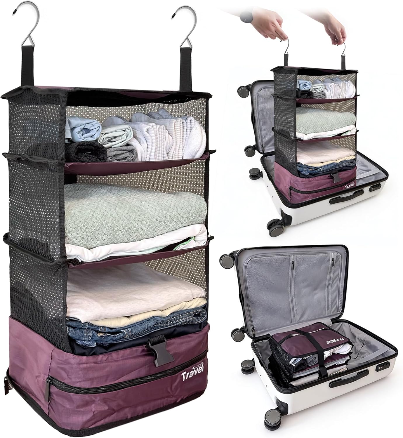 Grand Fusion Stow-N-Go Hanging Travel Shelves, Packing Organizer for Luggage. Carry on Closet for Suitcase. Expandable Packing Cube. Travel Essentials. (Black - L, L = (L) 11.8" x (W) 11.8")