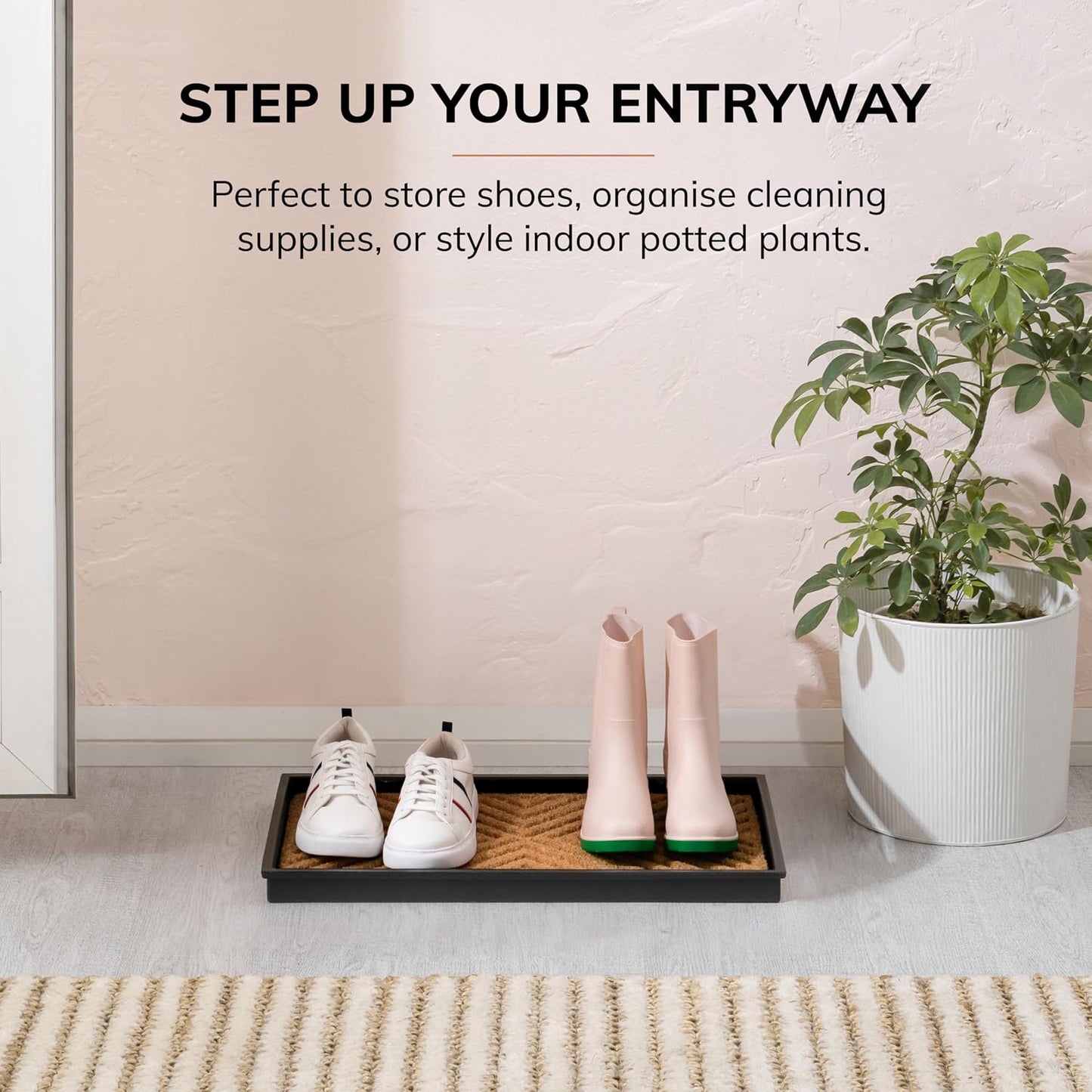 Anji Mountain Heavy Duty Waterproof Rubber Shoe Storage Mat Organizer/Boot Storage Tray Multi Use for Entryway with Coir, Tan Insert, Fits 4 Pair (46.5" Wide)