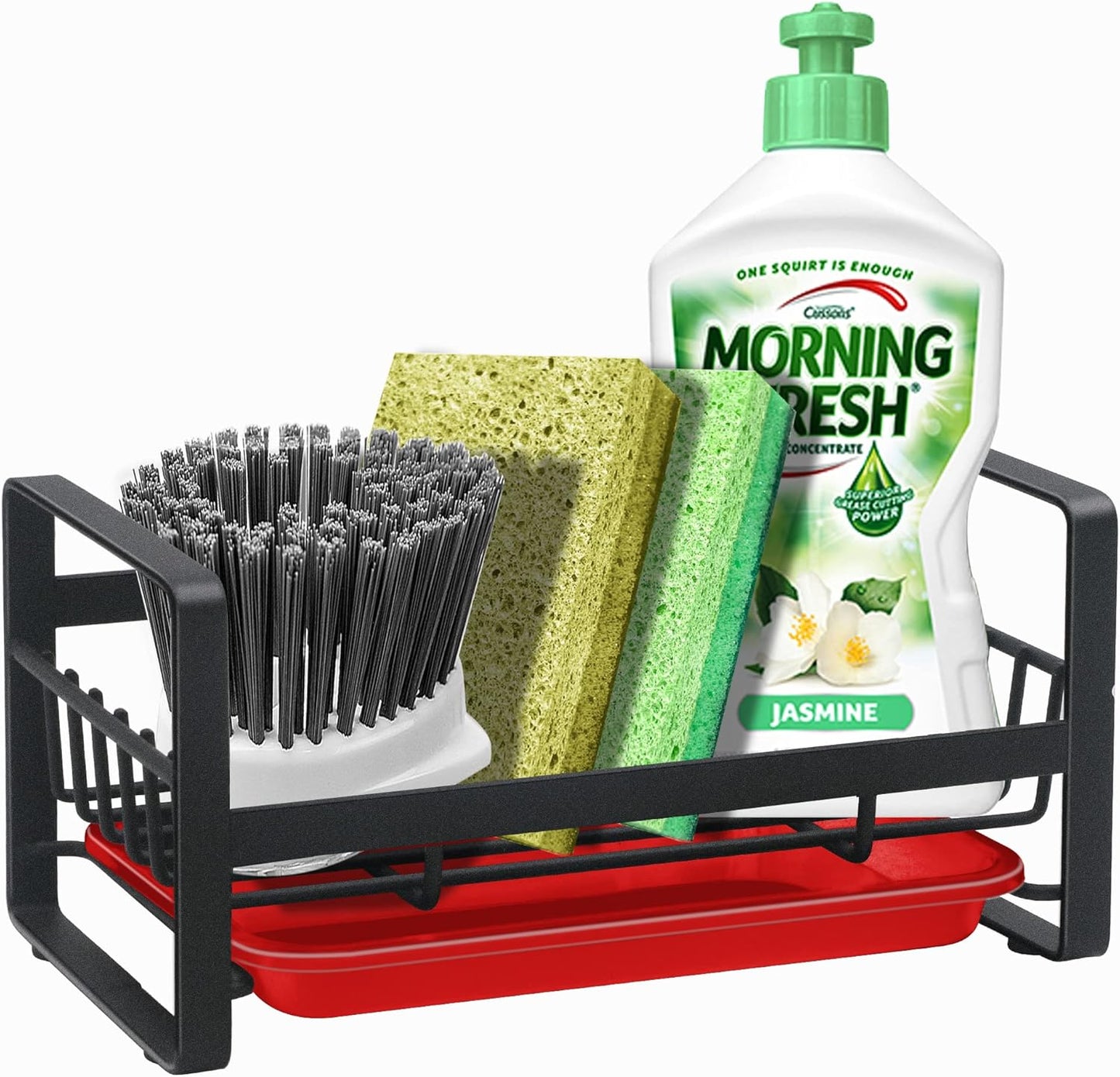 Kitchen Sponge Holder for Sink, Kitchen Sink Caddy Organizer, Sink Tray Drainer Rack, Dish Rags Brush Soap Storage Countertop with Removable Front Drain Pan - Black