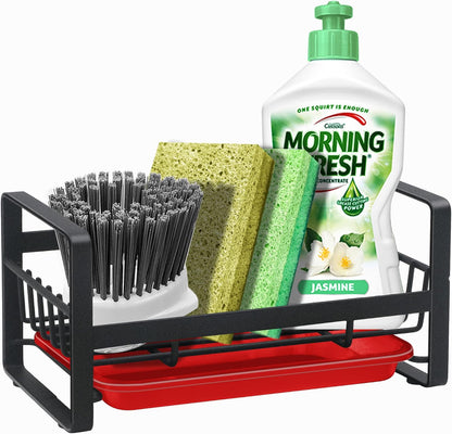 Kitchen Sponge Holder for Sink, Kitchen Sink Caddy Organizer, Sink Tray Drainer Rack, Dish Rags Brush Soap Storage Countertop with Removable Front Drain Pan - Black
