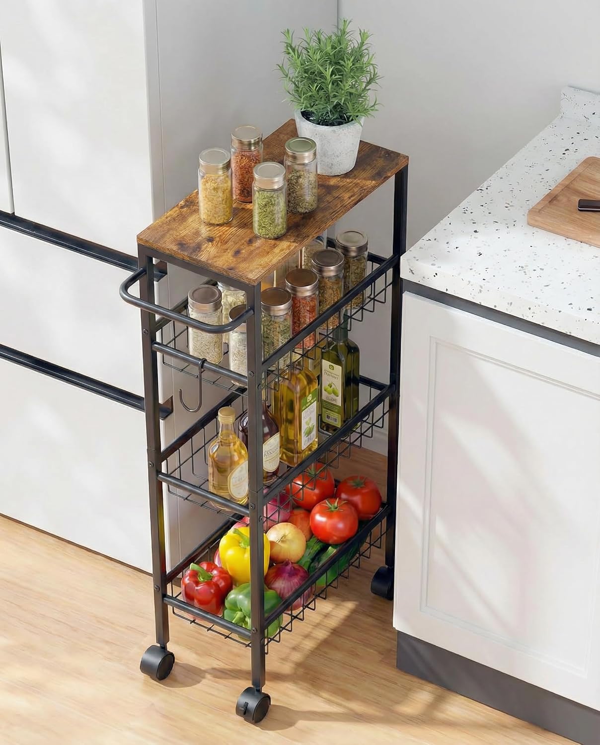 Rolling Utility Cart, 4-Tier Slim Narrow Storage Cart with Wheels for Kitchen, Laundry Room Organization, Metal Bathroom Organizer with Wood Top, Brown, 17.3" x 7.9" x 32.6"