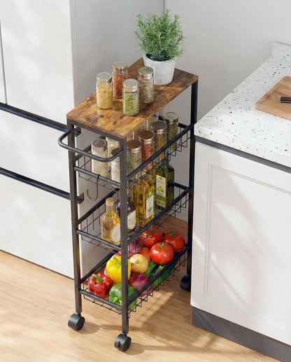 Rolling Utility Cart, 4-Tier Slim Narrow Storage Cart with Wheels for Kitchen, Laundry Room Organization, Metal Bathroom Organizer with Wood Top, Brown, 17.3" x 7.9" x 32.6"