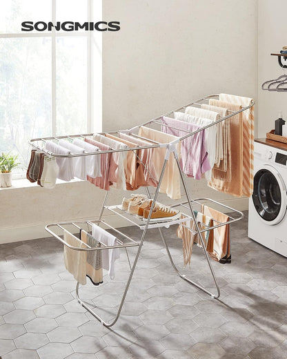 SONGMICS Clothes Drying Rack, with Sock Clips, Metal Laundry Rack, Foldable, Space-Saving, Free-Standing Airer, with 2 Height-Adjustable Gullwings, Indoor Outdoor Use, Gray ULLR052G01