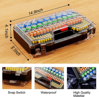 Battery Organizer Storage Holder Box Case with Tester - 285 Batteries Double-Sided Variety Pack, Holds AA AAA 4A C D Cell 9V 3V Lithium LR44 CR2 CR123 CR1632 18650 Button (Batteries Not Included)