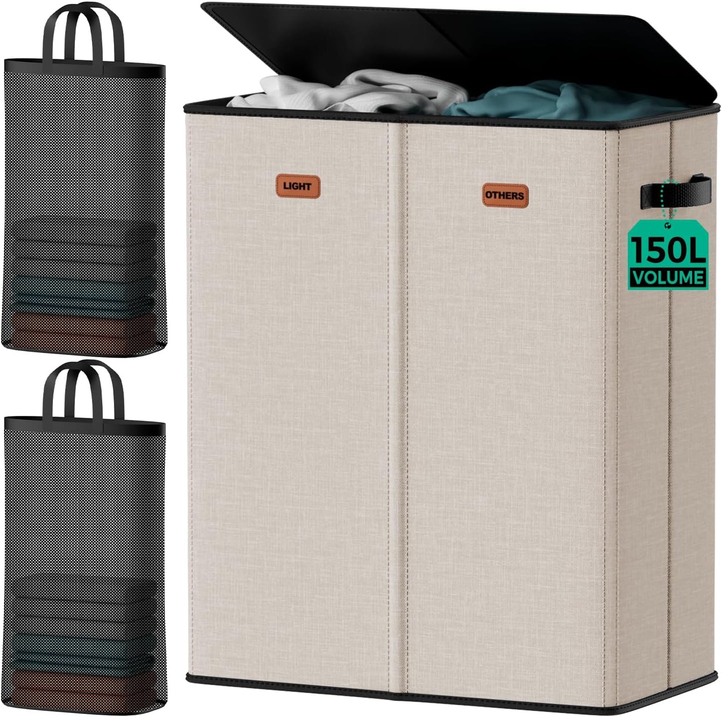 150L 2-Section Laundry Hamper with Lid – Removable Bag, Double Compartment Clothes Hamper for Bathroom, Bedroom, Dorm & Laundry Room