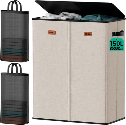150L 2-Section Laundry Hamper with Lid – Removable Bag, Double Compartment Clothes Hamper for Bathroom, Bedroom, Dorm & Laundry Room