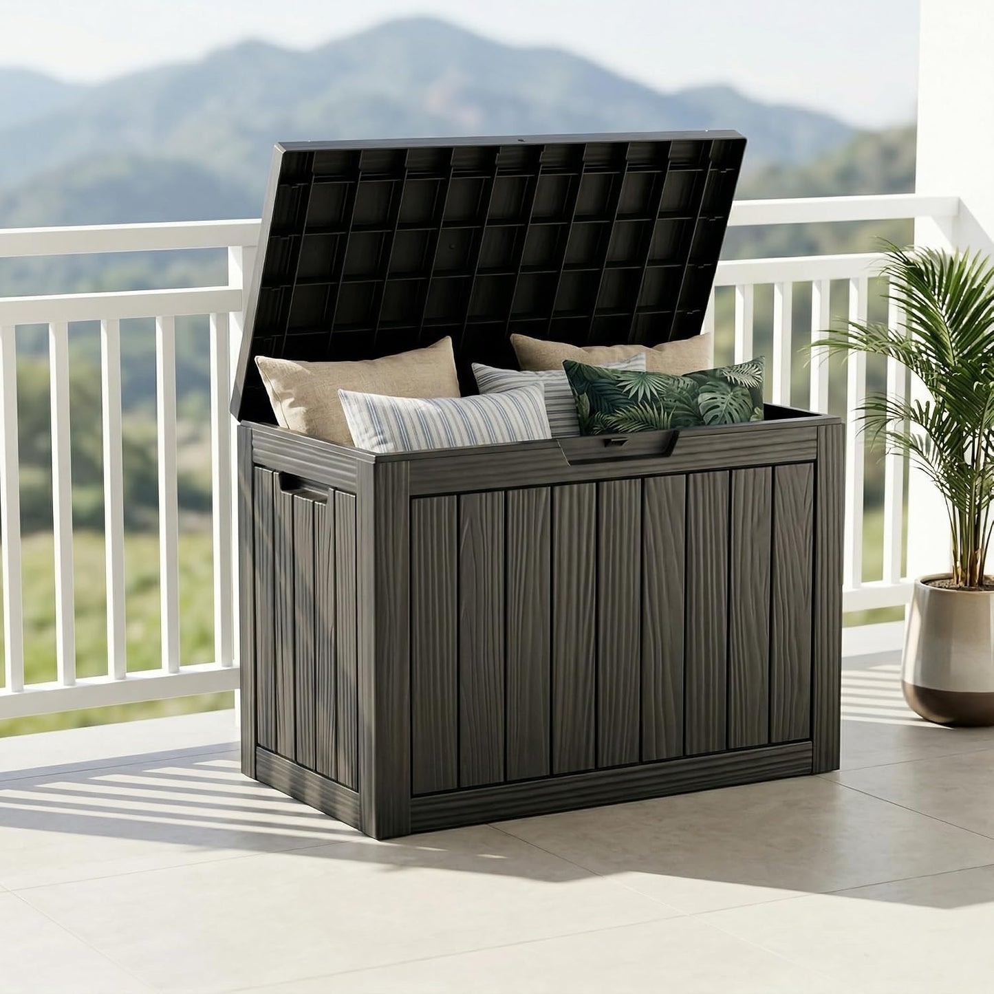 ROJIK 55Gal Outdoor Storage Box Waterproof Deck Box | Heavy-duty UV-resistant resin, space-saving for balcony/patio, stores cushions/tools/pool gear, lockable lid as table/bench