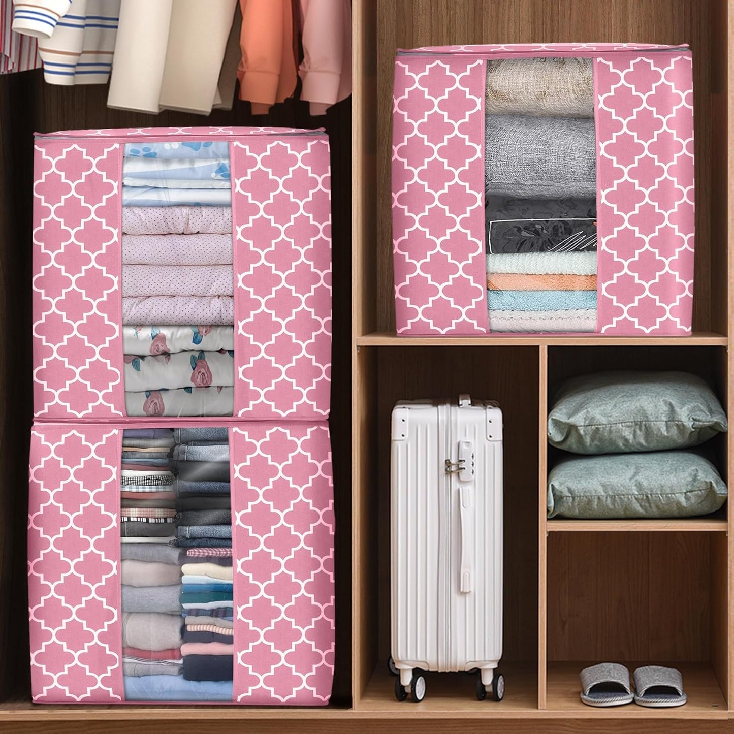 WISELIFE Storage Bags 3 Pack/100L Large Blanket Clothes Organization and Storage Containers for Comforters,Bedding, Foldable Organizer with Reinforced Handle, Clear Window, Sturdy Zippers,Gray
