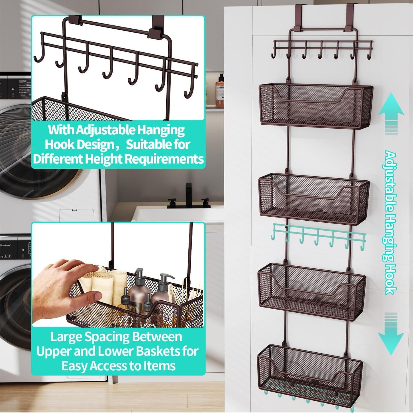 HapiRm Over The Door Organizer - Hanging Door Organizer with 4 Metal Large Capacity Baskets and Adjustable Coat Hook for Bathroom Bedroom Kitchen Pantry Closet Cabinet