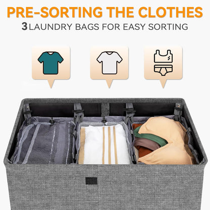 WOWLIVE Laundry Hamper with Lid,160L Large Laundry Basket 3 Section with Removable Washing Bags,Collapsible Waterproof Dirty Clothes Hamper for Laundry Room Bathroom Dorm,Beige