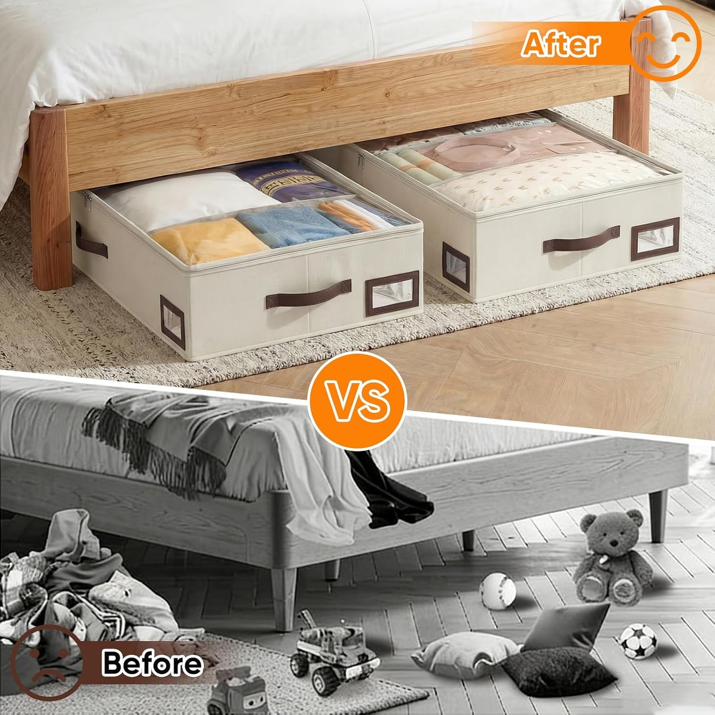 OIAHOMY 2 Pack 53L Under Bed Storage with Adjustable Dividers, 6" Low Profile Underbed Storage Bins for Comforters & Clothes, Save Closet Space with Clear View Lid & Reinforced Handles, Grey