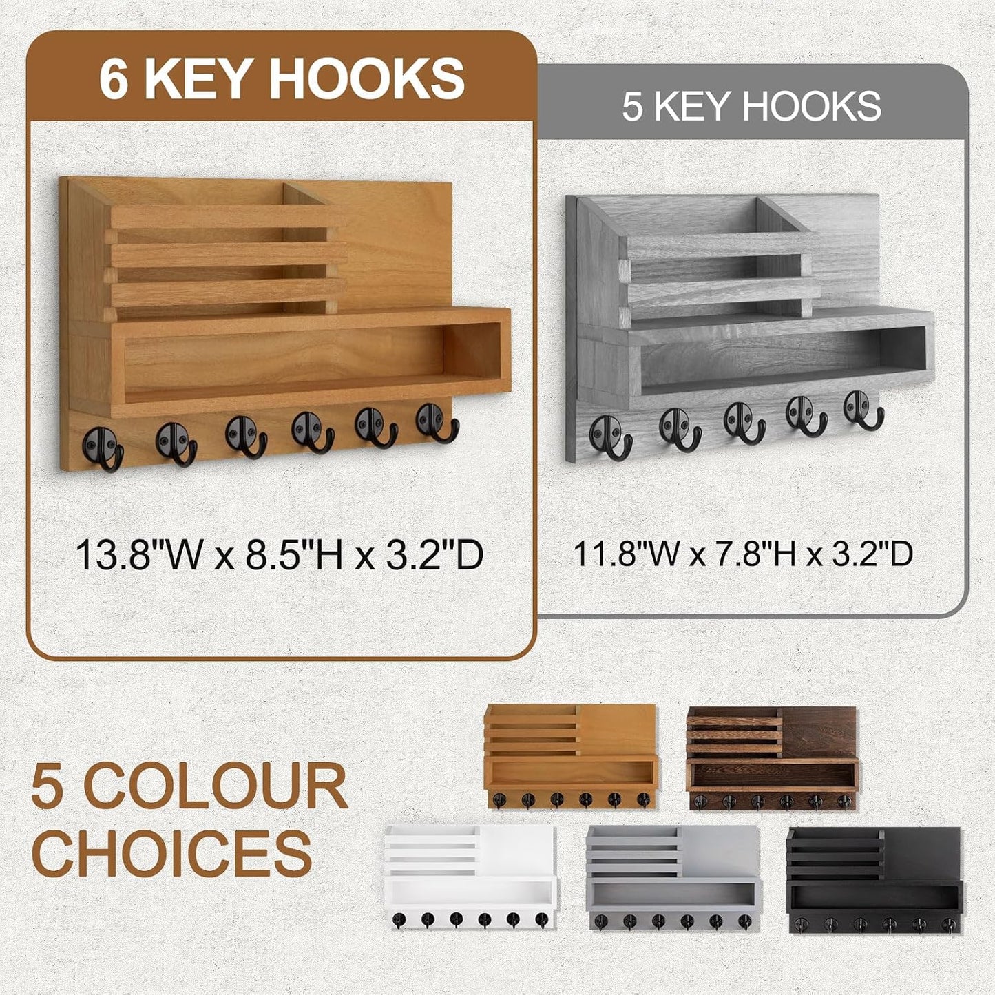 Key and Mail Holder Wall Mount, Key Hanger with Long Storage Box and 5 Hooks for Coat, Dog Leash, Home Decor Rack, House Accessories, Entry Way Organizer 11.8”W x 7.8”H x 3.2”D