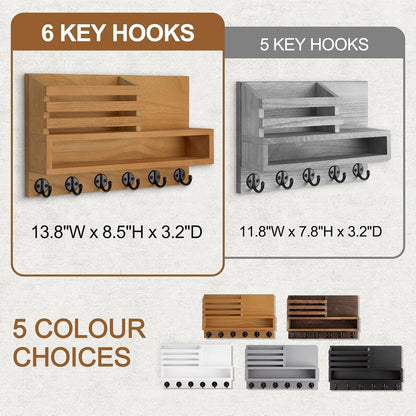 Key and Mail Holder Wall Mount, Key Hanger with Long Storage Box and 5 Hooks for Coat, Dog Leash, Home Decor Rack, House Accessories, Entry Way Organizer 11.8”W x 7.8”H x 3.2”D