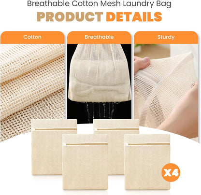 ABRRLO 4Pcs Cotton Mesh Laundry Bags for Delicates,Breathable Mesh Garment Bag for Washing Machine,Travel Wash Bags with Zipper for Bras,Underwear,Socks,Baby Clothes,Laundry Dorm Room Essentials(S)