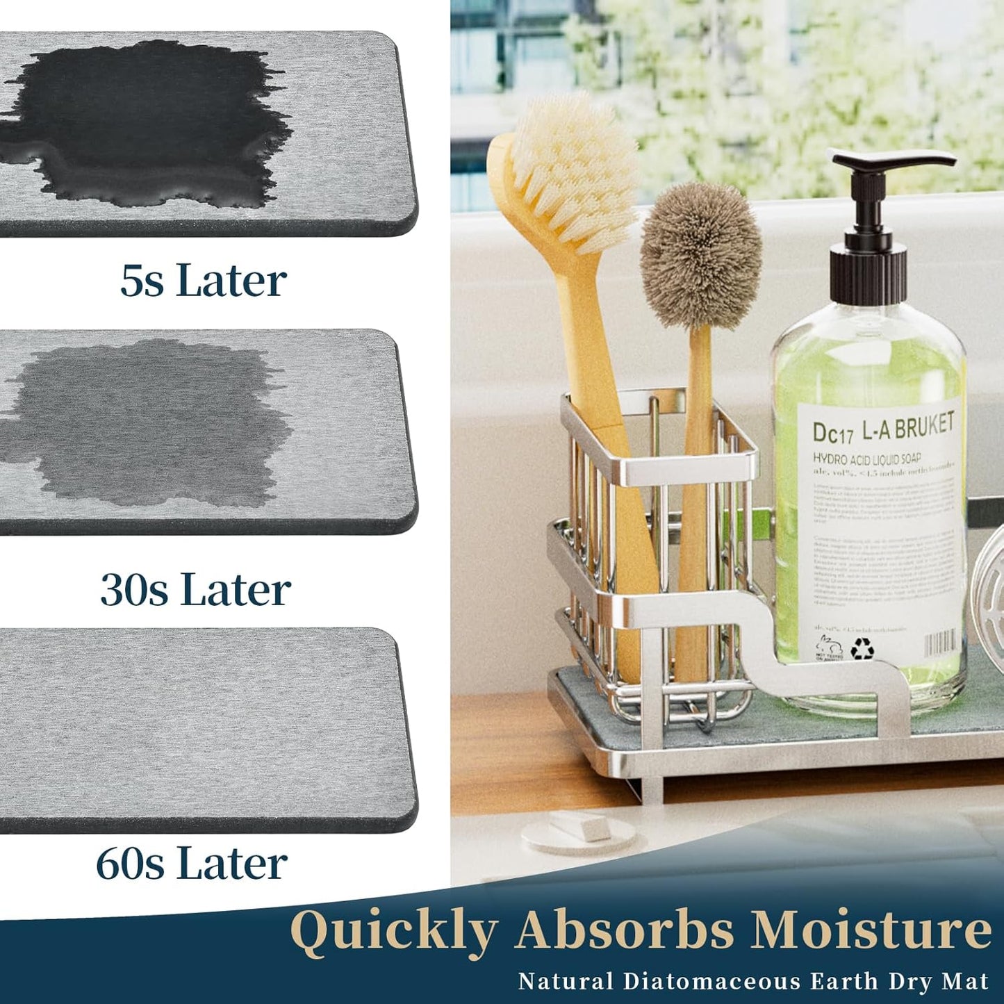 Consumest Sponge Holder for Kitchen Sink - Sink Caddy Organizer with Water Absorbing Stone Tray, Detachable Brush Holder, Stainless Steel Kitchen Counter Organizer Rack, Black