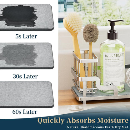 Consumest Sponge Holder for Kitchen Sink - Sink Caddy Organizer with Water Absorbing Stone Tray, Detachable Brush Holder, Stainless Steel Kitchen Counter Organizer Rack, Black