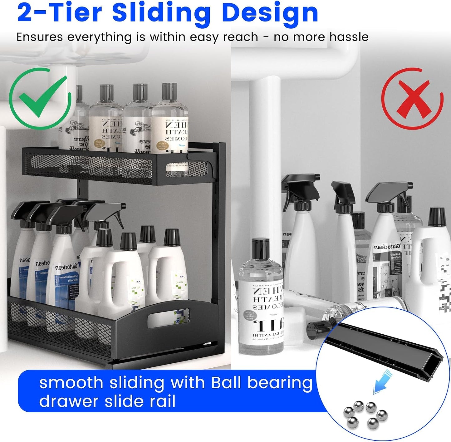 Petiza Under Sink Organizer Pull Out Cabinet Organizer Adjustable Height 2 Tier with Sliding Drawers Kitchen Bathroom Organizer and Storage(1pc)