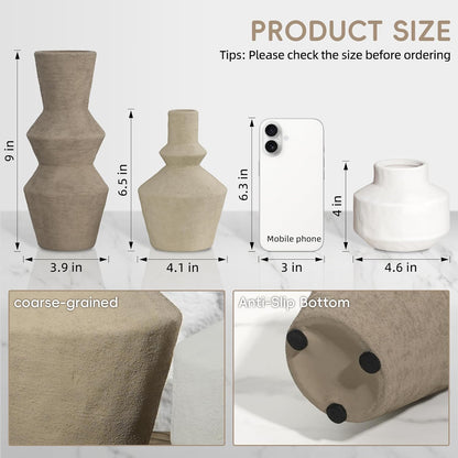 DREAMLOOM Ceramic Vase Set of 3, Modern Rustic Flower Vases for Pampas Grass, Dried & Fresh Flowers, Farmhouse Home Decor Vase for Living Room Bedroom Kitchen Shelf Centerpiece, Classic