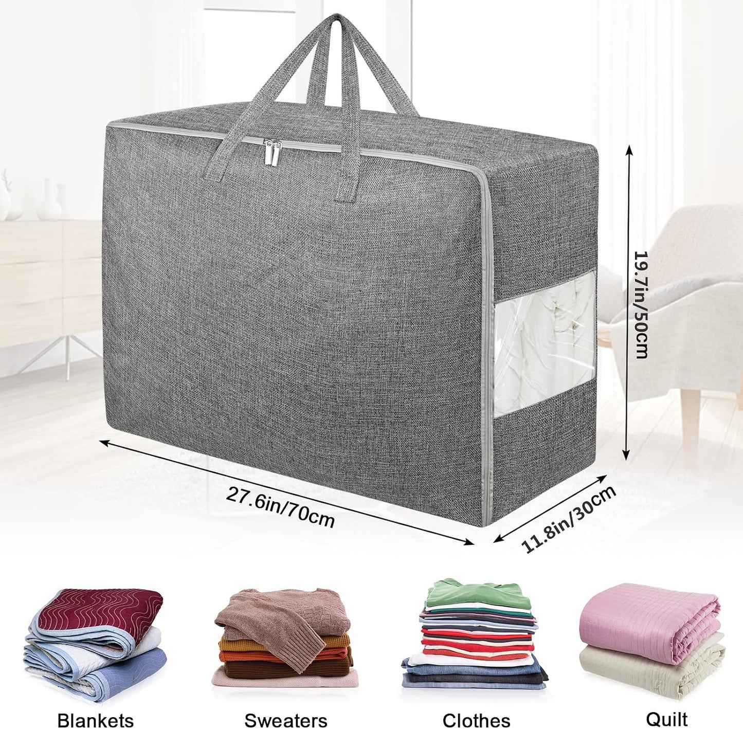 105L Extra Large Storage Bags, Folding Moving Comforter Blanket Storage Bags Closet Organizers and Storage Containers for Clothes with Strong Handles&Zippers Clear Window for Bedding Pillow Grey 2Pack