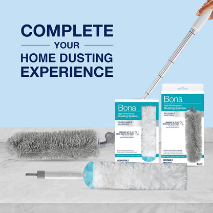 Bona High Performance Dusting System - 1 Extendable Handle, 3 Disposable Dusters, 1 Reusable Duster, & 1 Storage Bag - Extendable Dusting Kit