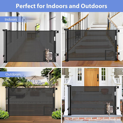 Retractable Baby Gate with Cat Door 55" Wide Retractable Baby Gate for Stairs Mesh Baby Gate with Pet Door Retractable Dog Gate for The House Retractable Pet Gate with Door Safety Gates for Toddlers