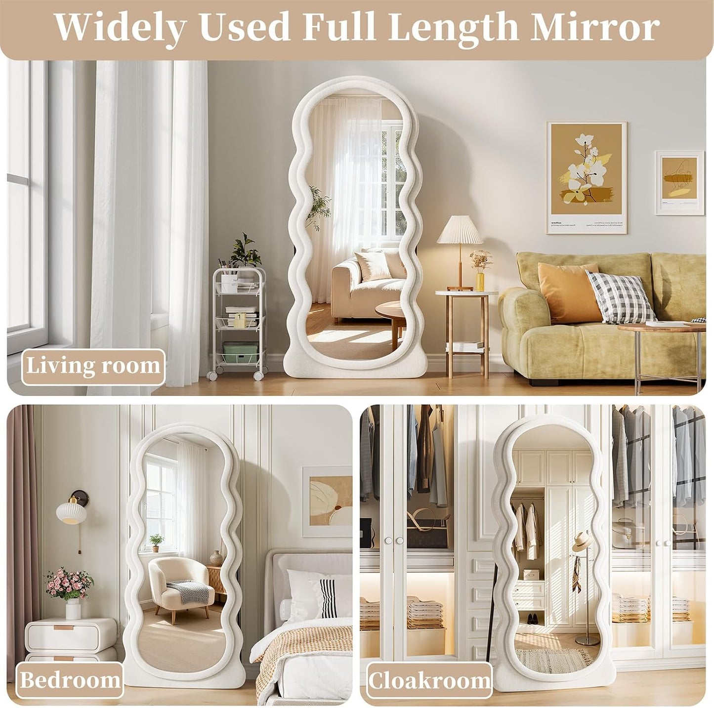 71"x32" Flannel Full Length Mirror, Arched Mirrors Full Length with Stand, Flannel Floor Mirror for Bedroom and Living Room, Full Body Mirror Hanging or Leaning, White