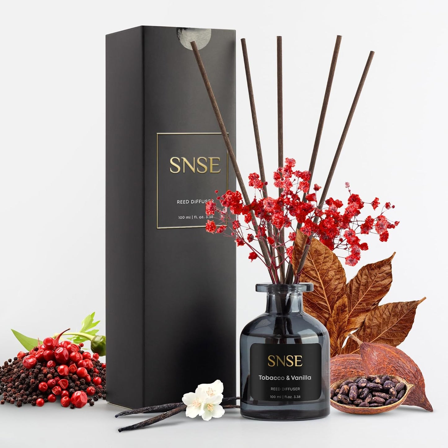 SNSE Tobaco & Vanilla with Flowers Perfumed Reed Diffuser Set | 3.38 oz Scent Fragrance Oil Diffuser for Bedroom, Bathroom, Home Décor and Gift, Decorative Air Fresheners with Sticks