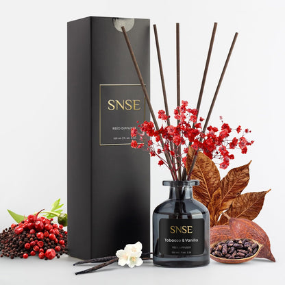 SNSE Tobaco & Vanilla with Flowers Perfumed Reed Diffuser Set | 3.38 oz Scent Fragrance Oil Diffuser for Bedroom, Bathroom, Home Décor and Gift, Decorative Air Fresheners with Sticks