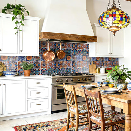 Art3d Talavera Hand-painted Waterproof Peel and Stick Backsplash Tile for Kitchen & Living Room, Sun & Moon Floral Design - 10-Pack of 12 x 12 Inch