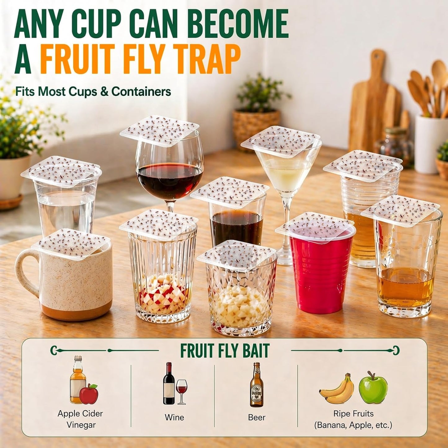 50 Pack Fruit Fly Trap Covers for Cup, Double-Sided Adhesive Cards for Fruit Flies & Gnats, Easy DIY Vinegar Trap for Kitchen Sink, Countertop & Dessert Bowl, Safe, Mess-Free, Indoor Use