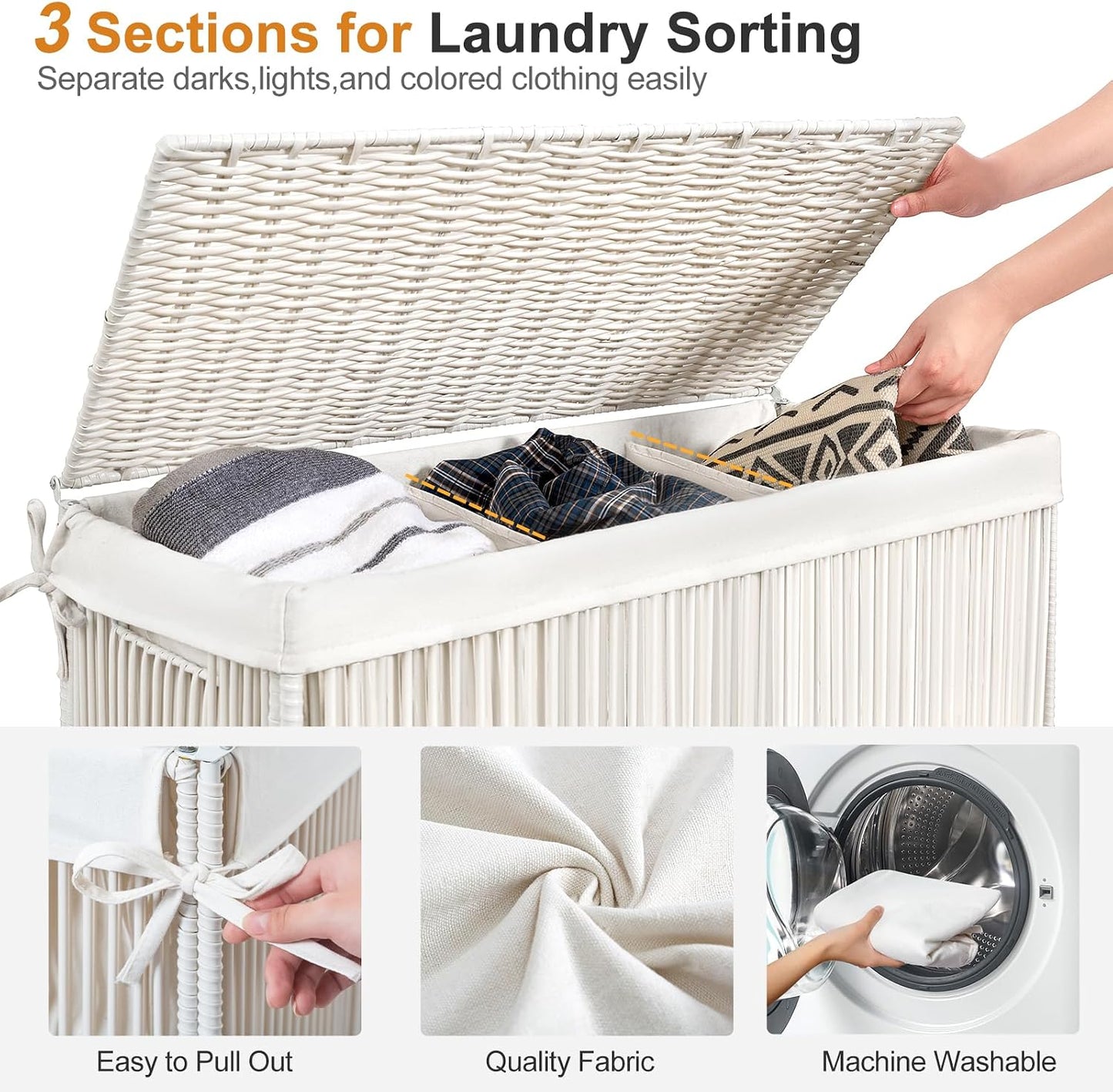 WOWLIVE Laundry Hamper with Wheels, 160L Handwoven Rolling Laundry Basket 3 Section with Lid, Clothes Hamper with Removable Liner Bags, Large Capacity Laundry Sorter Laundry Room Organization, Natural