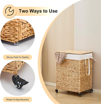 3-Section Laundry Hamper with Lid, Large Capacity Woven Natural Water Hyacinth Laundry Sorter with Removable Liners, Rolling or Non-Slip Design for Bedroom (Natural, 155L)