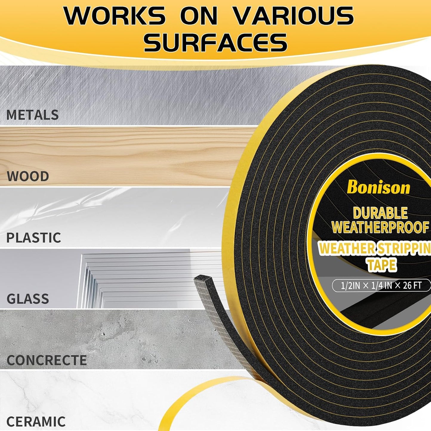 26Ft Weather Stripping Door Seal - 1/2" x 1/4" Door Seal Strip for Door Frame, High Density Foam Insulation Tape, Self Adhesive, Soundproof Gap Filler for Doors, Windows, Sliding & AC Units, White