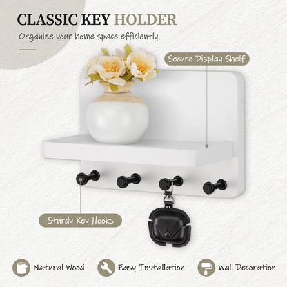 Nekon Key Holder for Wall with Shelf, Pine Wooden Key Hanger Wall Mounted, Farmhouse Wall Organizer for Home Entryway & Apartment (Standard, Wood)