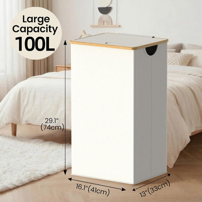 efluky Slim Laundry Basket with Lid, Narrow Laundry Hamper with Removable Bag, Skinny Dirty Clothes Basket with Bamboo Handles for Bathroom, Bedroom & Laundry Room, 75L Beige