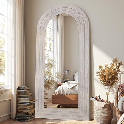 Antok Full Length Mirror with Solid Wood Frame, 71"×32" Wall Mounted Oversized Floor Mirror with Stand, Leaning Standing Hanging for Bedroom Living Room Entryway, Walnut, Arched Syle